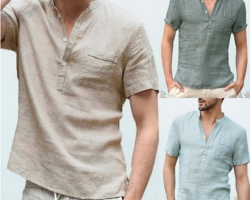 棉麻開扣男襯衫