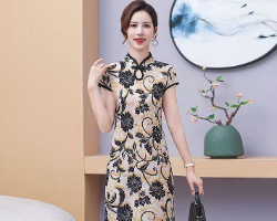 印花短袖旗袍